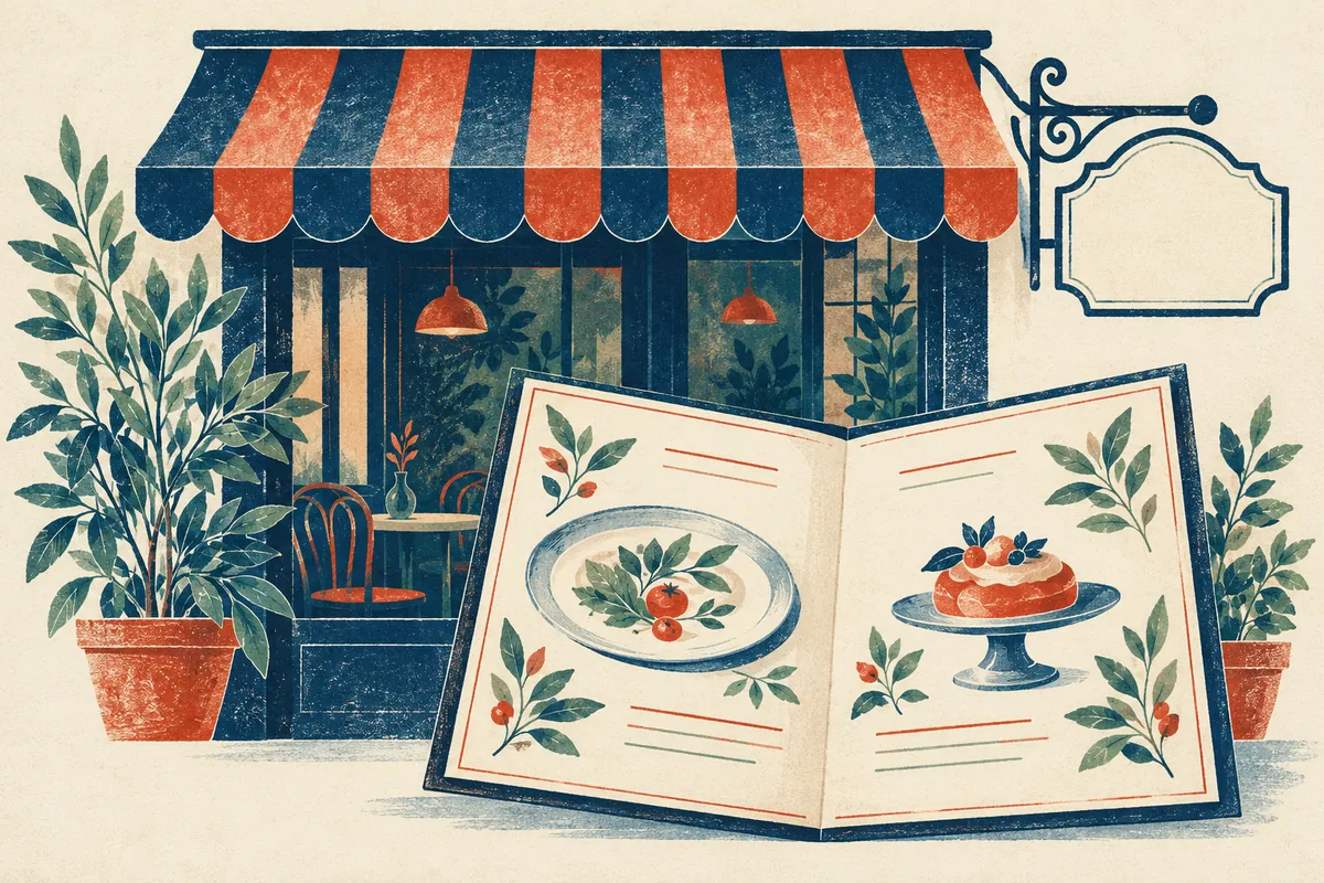 An illustrated café with a striped awning and blank hanging sign stands behind an open menu with food and leaf motifs.