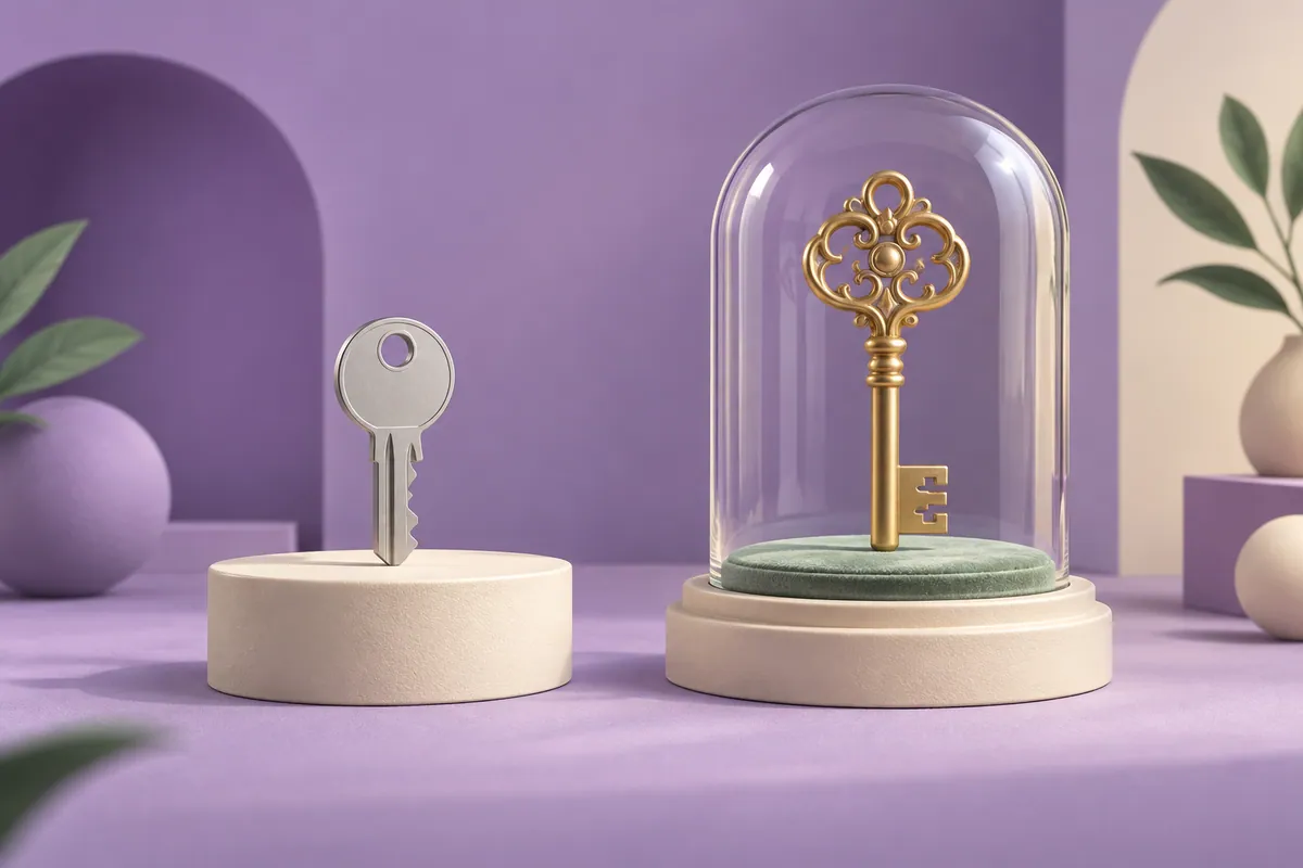 A standard key and an ornate key under glass represent different domain purchase types.