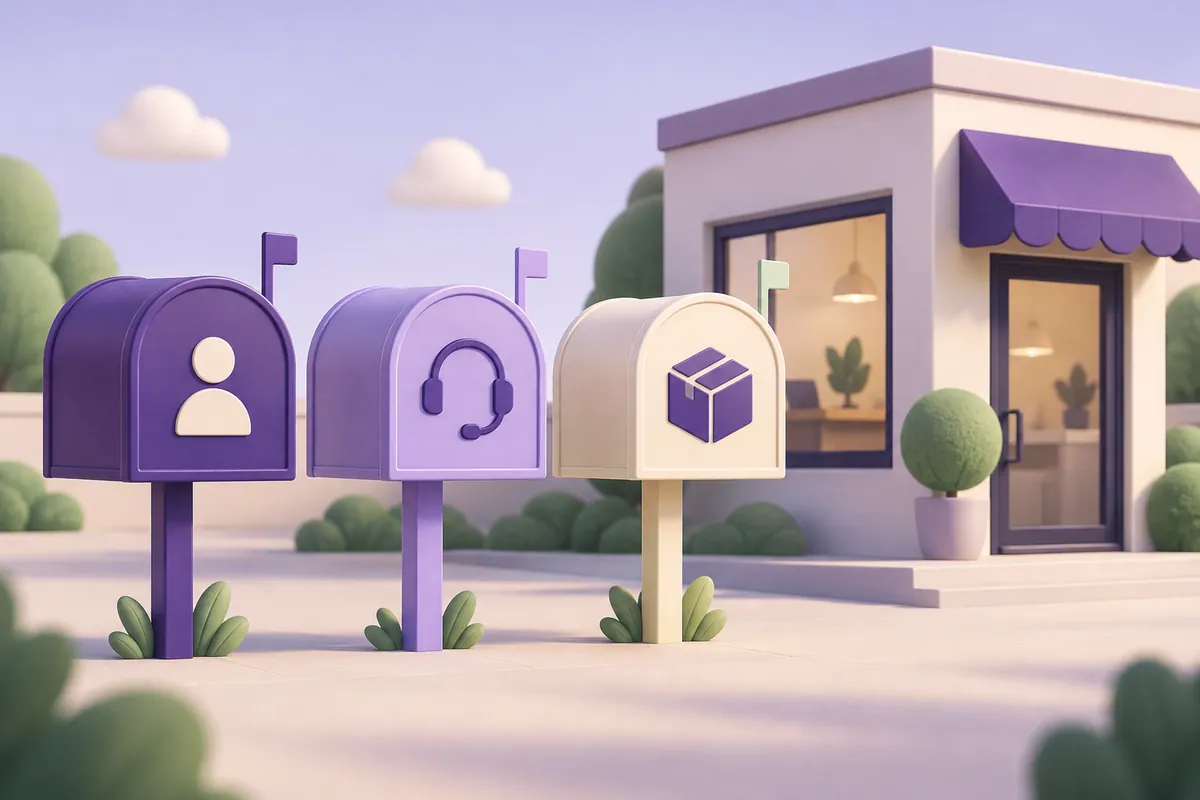 Mailboxes with person, headset and parcel symbols stand beside a business.