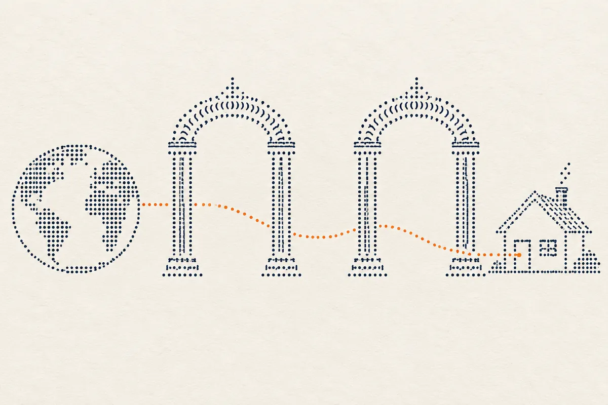 Navy punctuation shapes form a globe, two archways and a house, linked by an orange dotted path on cream paper.