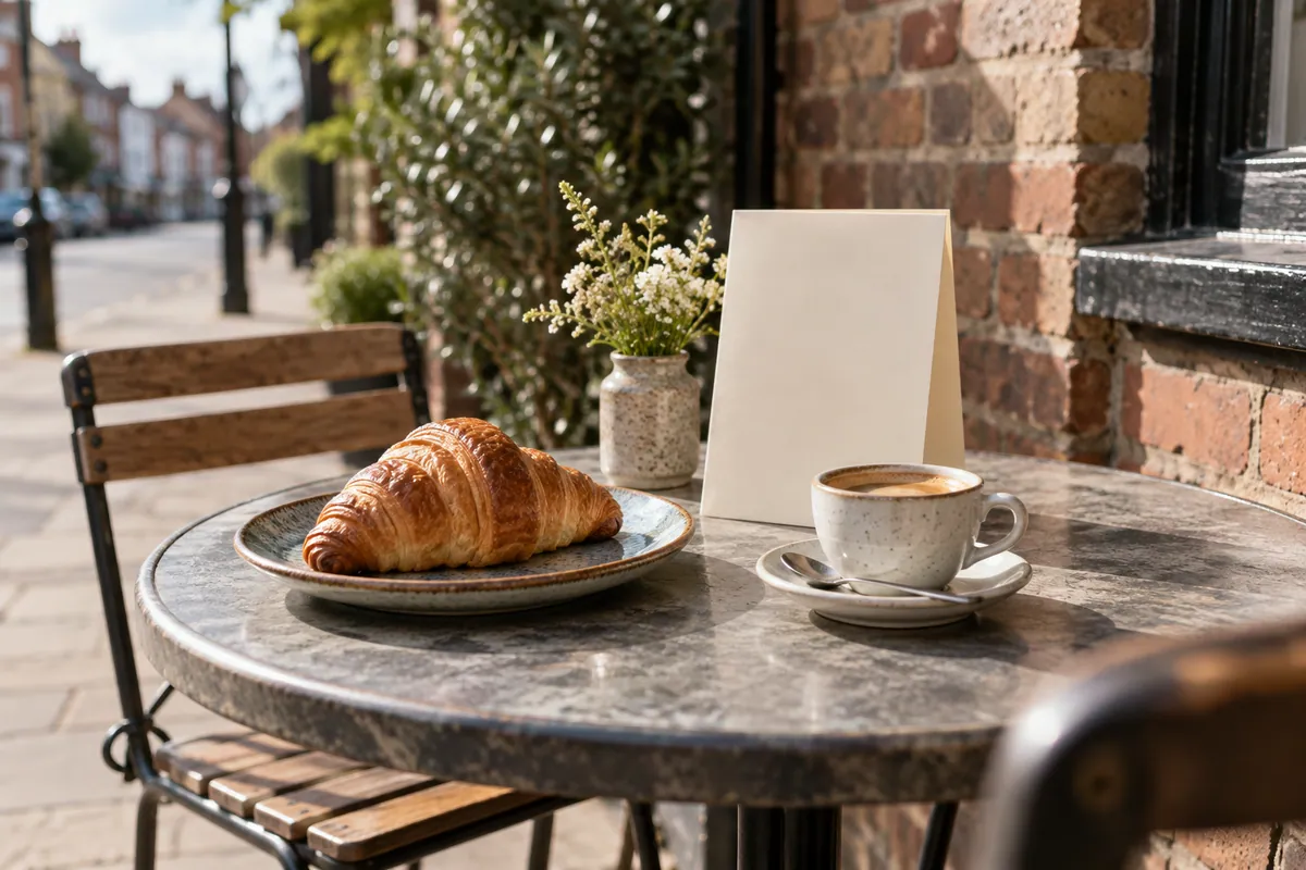 Folded menu card beside an espresso and croissant on a pavement café table