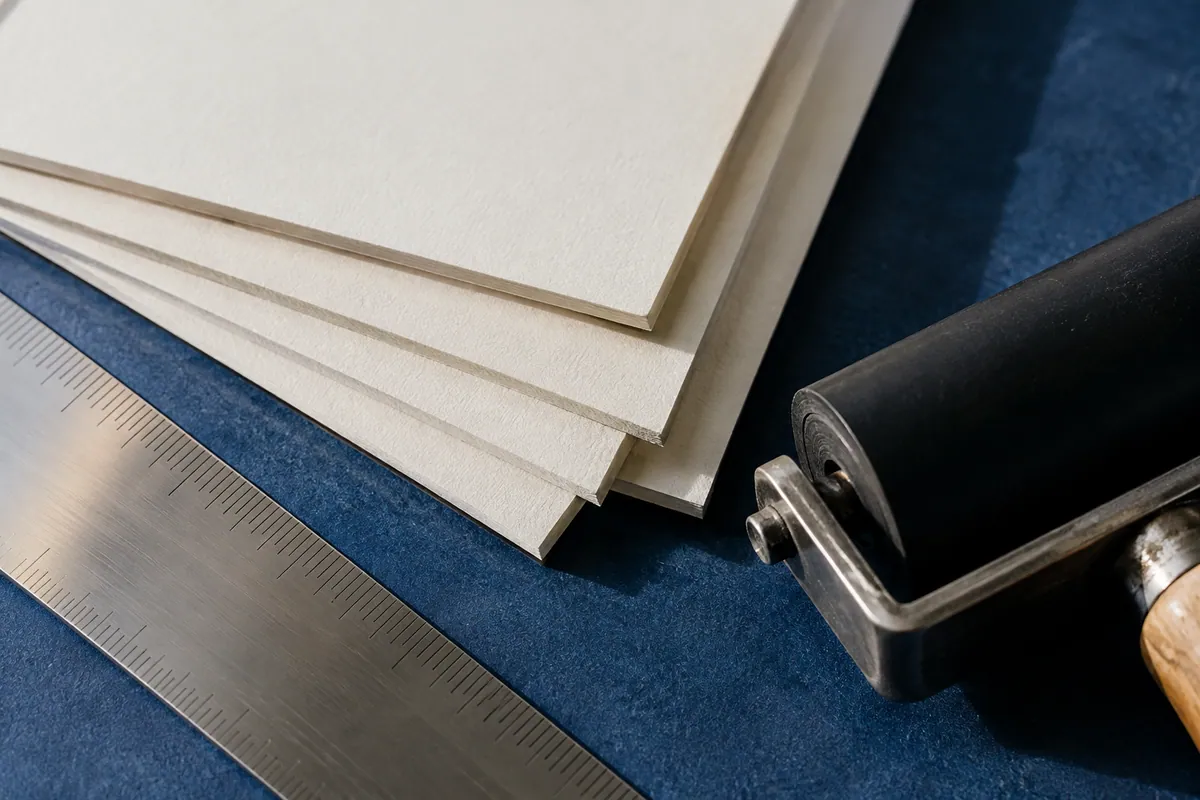 Thick cream cards, a metal print ruler and an ink roller on a blue craft mat