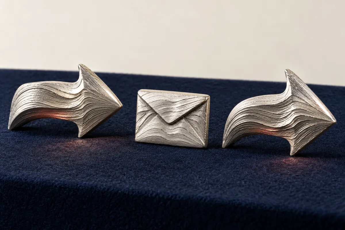 A textured silver envelope sits between two separate arrow sculptures on navy fabric.