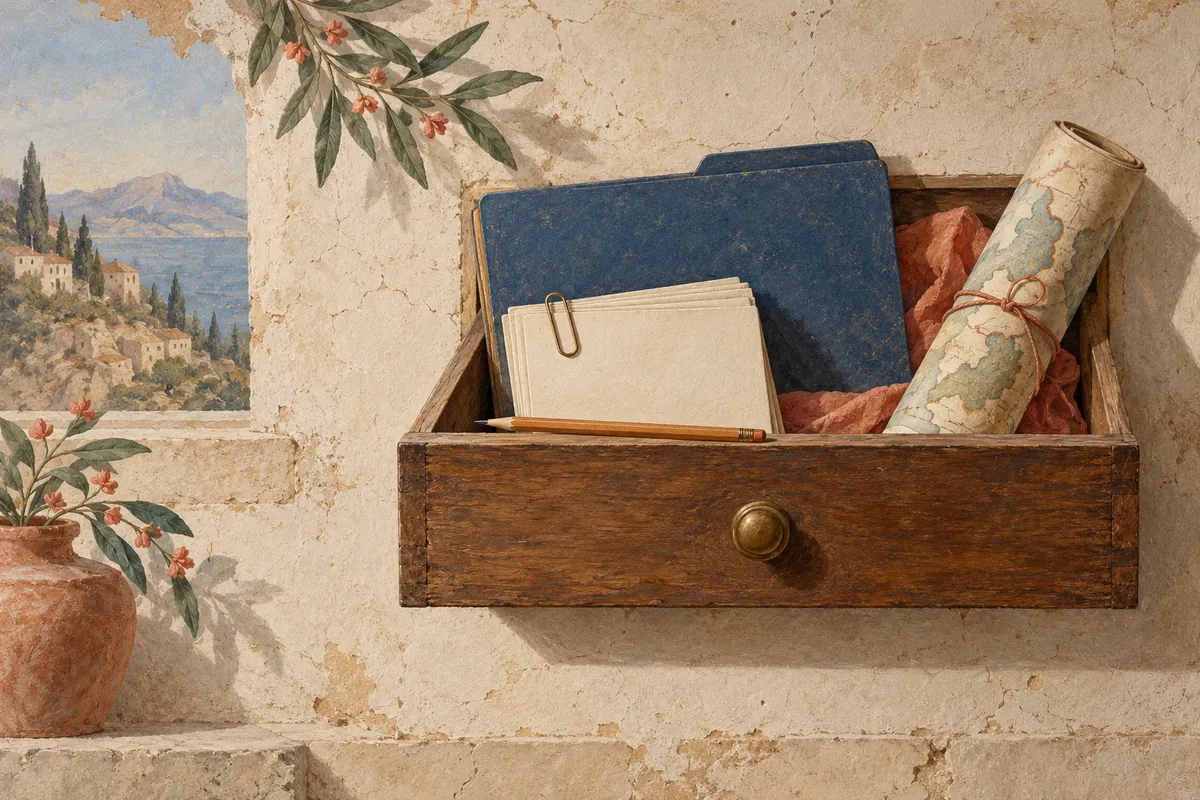A painted open drawer holds a blue folder, blank clipped cards, a rolled map and a wooden pencil.