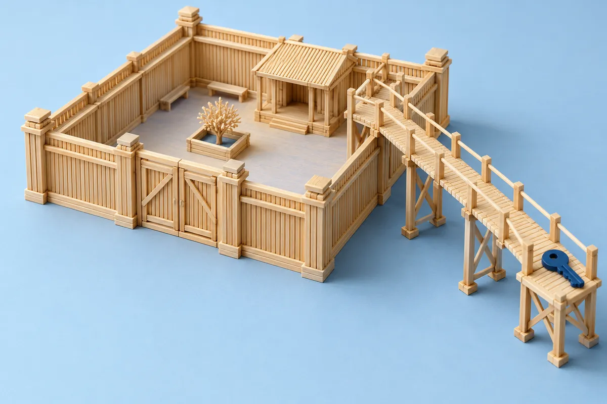 A matchstick courtyard with a closed gate and a separate raised footbridge beside a blue key.
