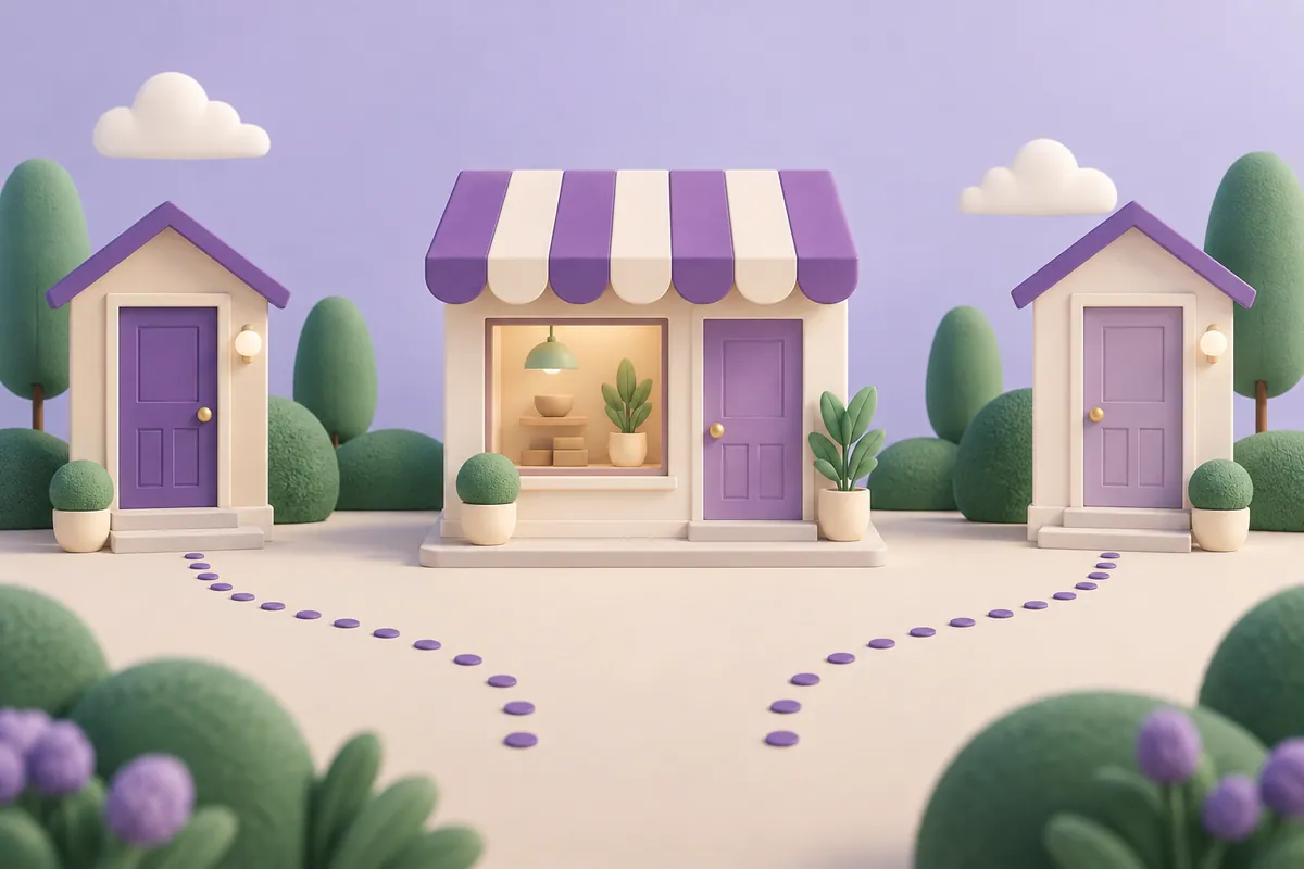 Two separate doors lead towards one shop, illustrating two domains for one business.