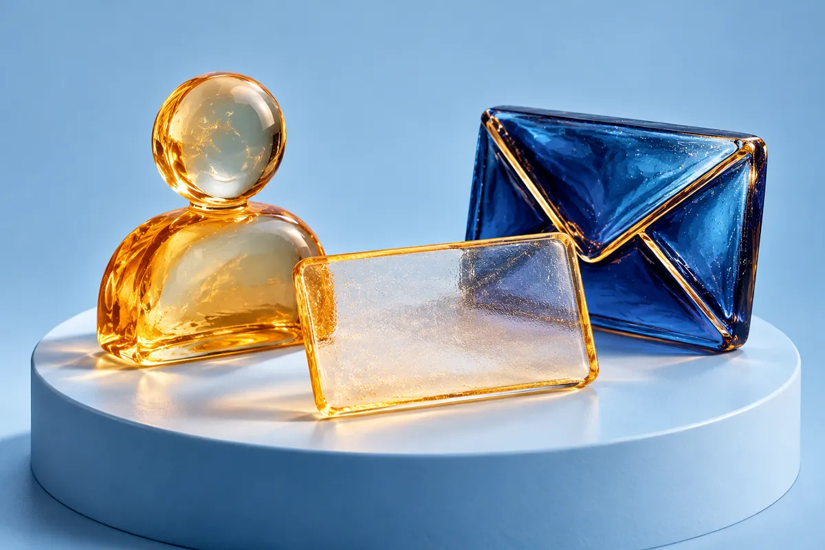 Translucent sugar shapes of a person, address card and envelope stand on a pale blue platform.