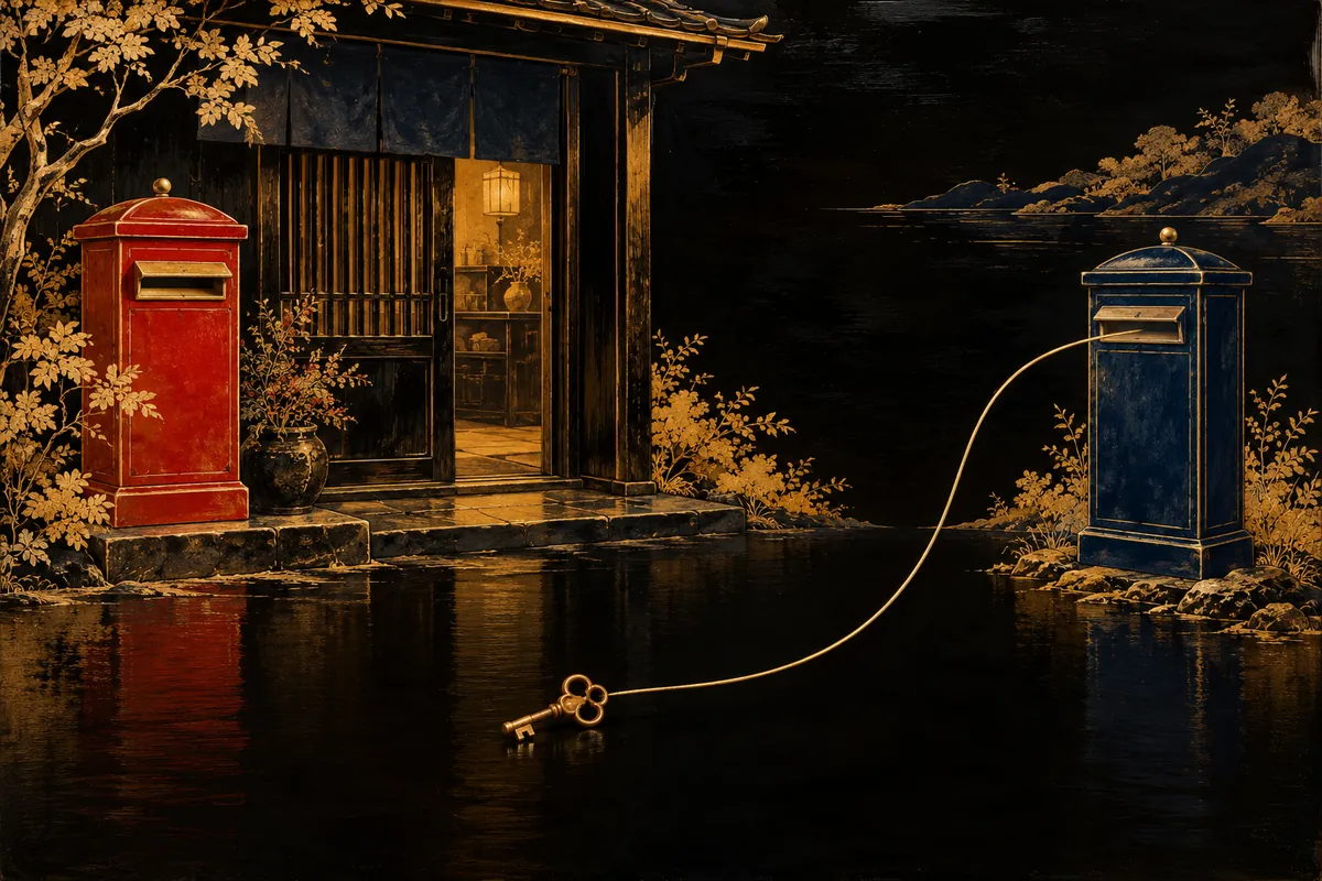 Red and blue letterboxes in a gold lacquer scene, with a key connected to the separate blue letterbox.