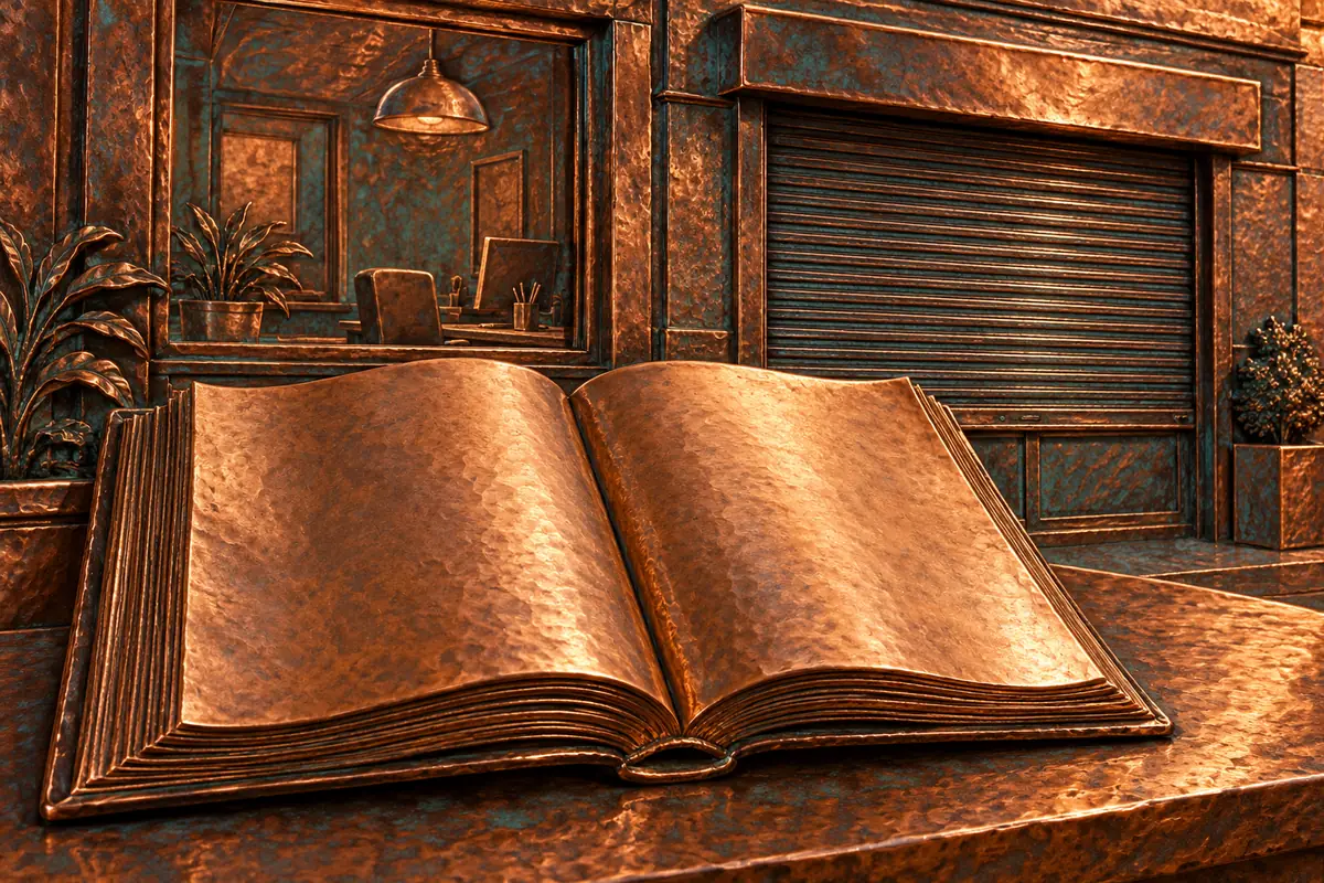 An open blank copper ledger stands in front of an office window and a lowered shutter.