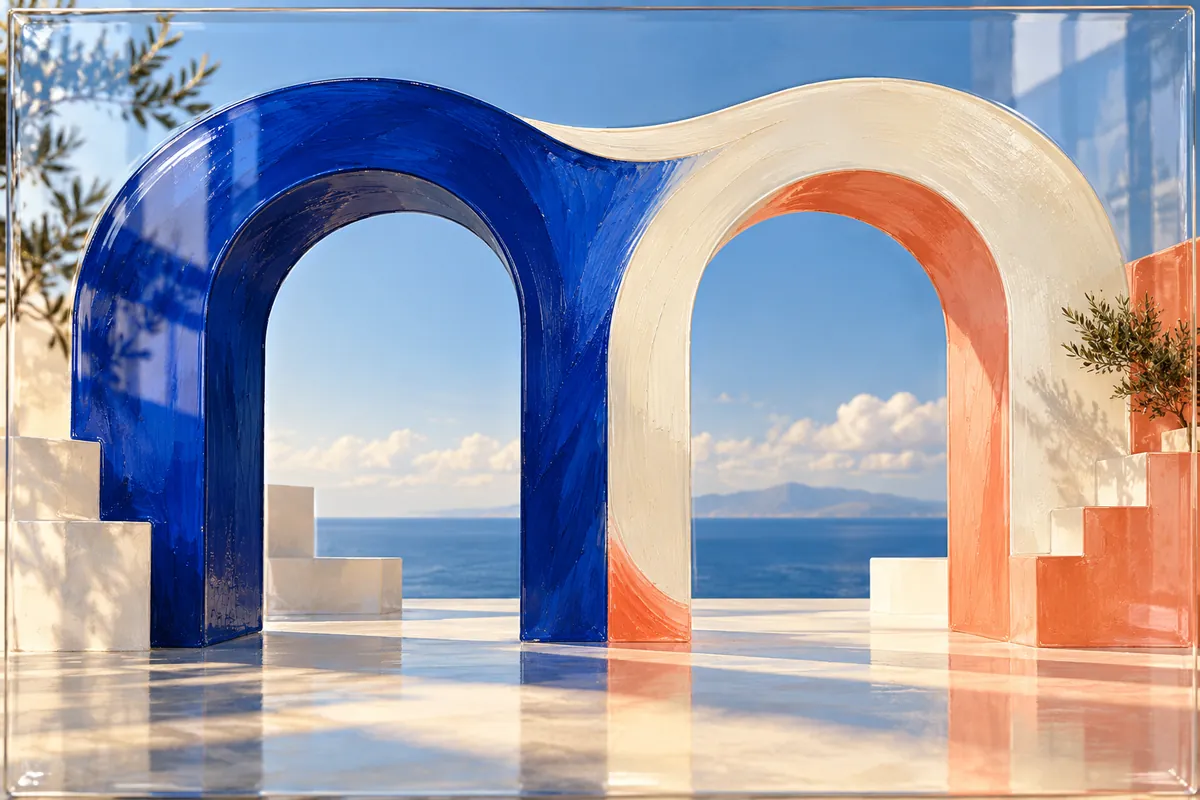 Blue and ivory arches with coral accents appear on a glossy painted glass pane