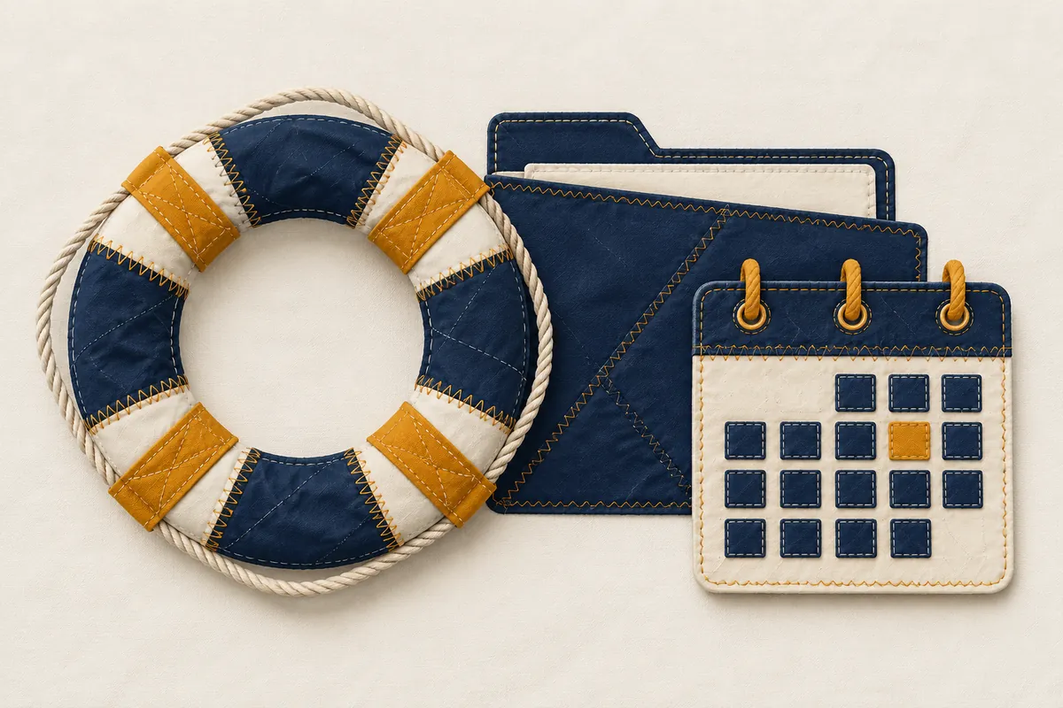 Navy and cream sailcloth forms a stitched lifebuoy, folder and calendar on a pale background.