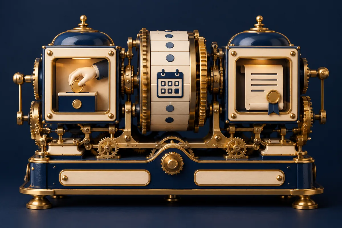 A brass and navy mechanical model has two separate indicator windows beside a calendar wheel.