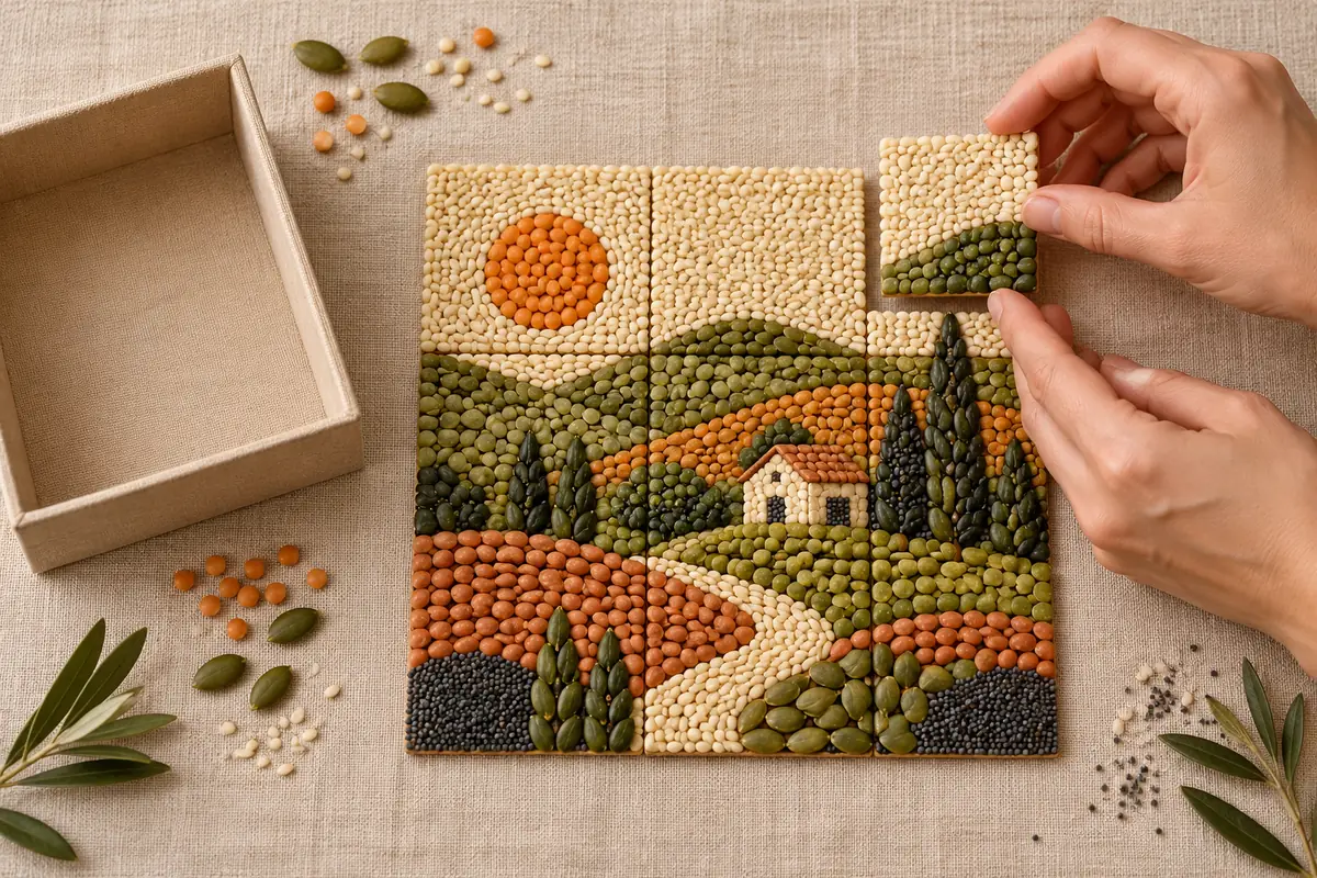 Hands fitting a seed-covered square into a landscape mosaic beside an empty linen-lined box.