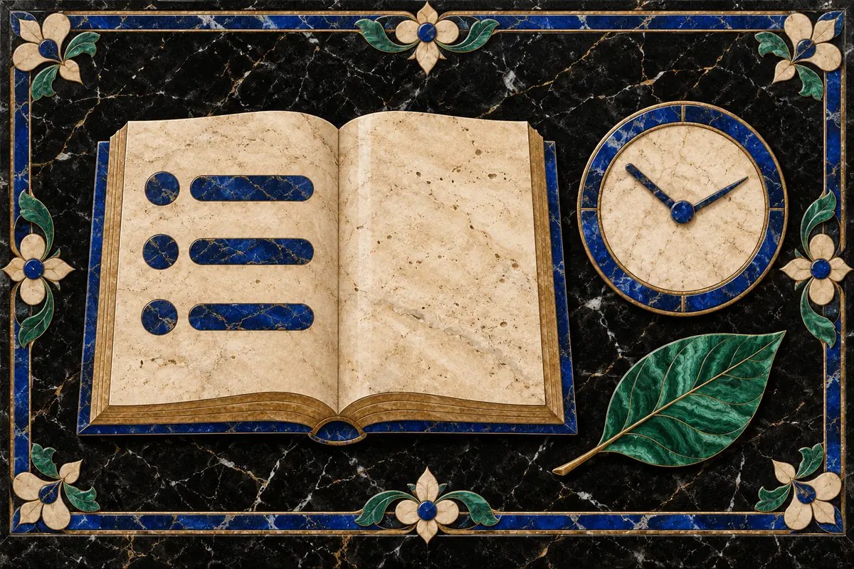 Stone-inlay notebook, unnumbered clock and green leaf set into a black marble panel