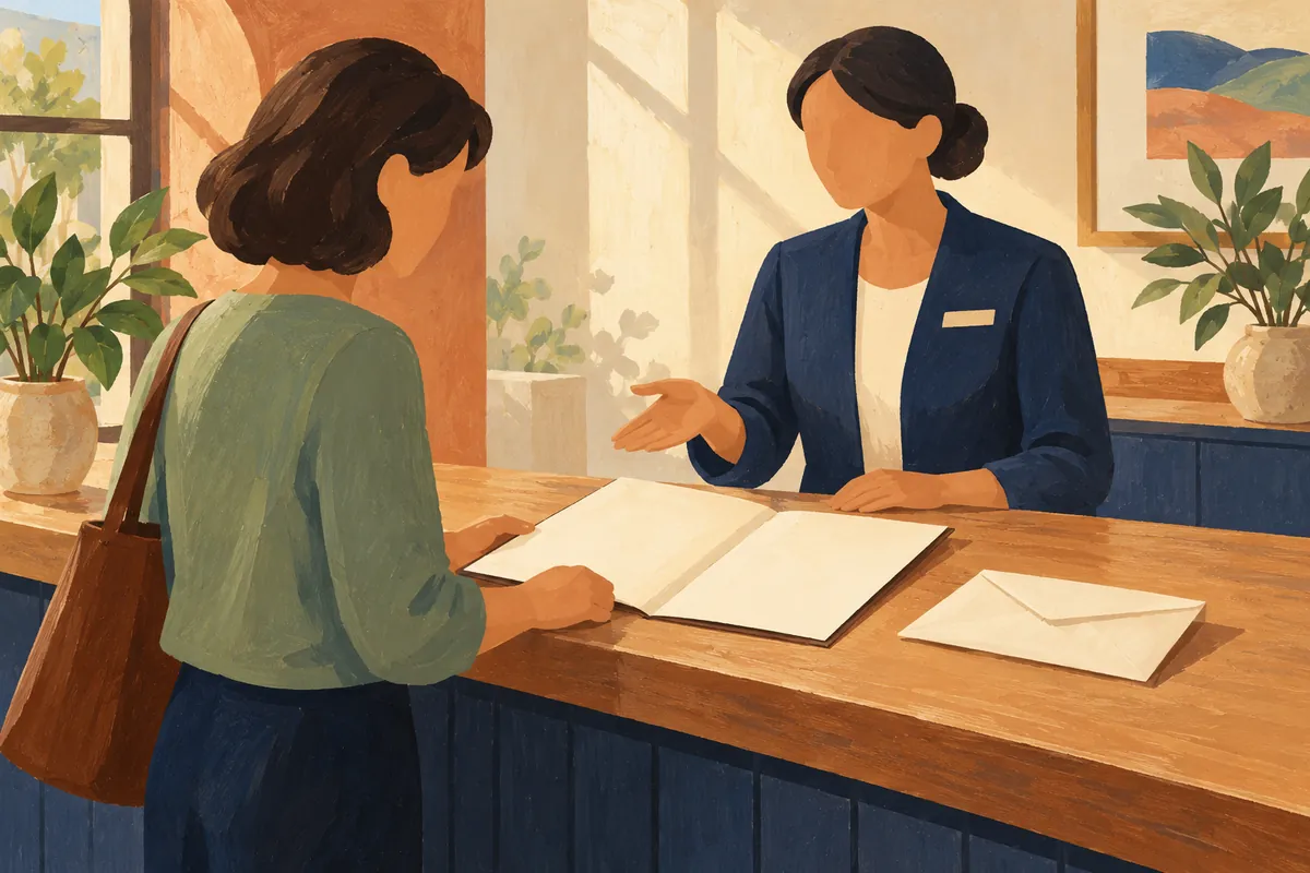 Two painted figures review an open folder at a reception counter beside a sealed envelope