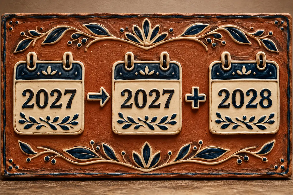 Three clay calendar tiles show 2027, 2027 and 2028, with an arrow followed by a plus symbol.
