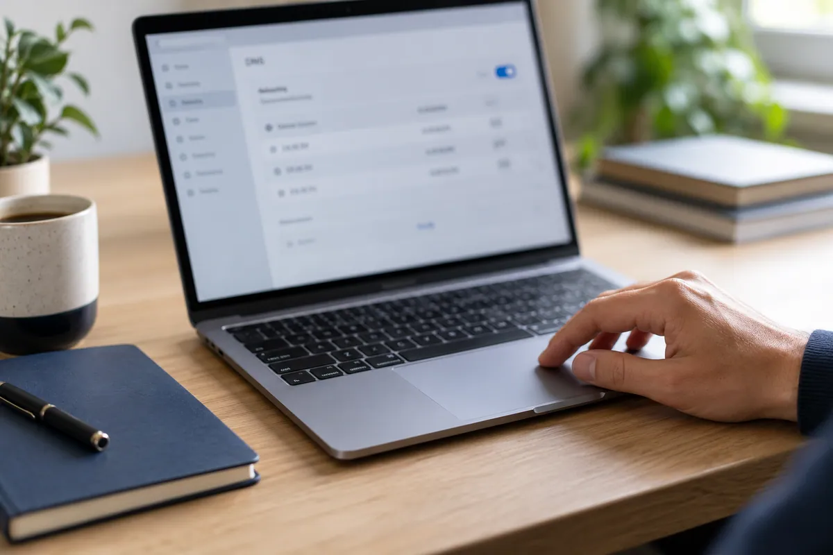 Hand using a laptop trackpad beside a notebook and coffee with DNS settings on screen