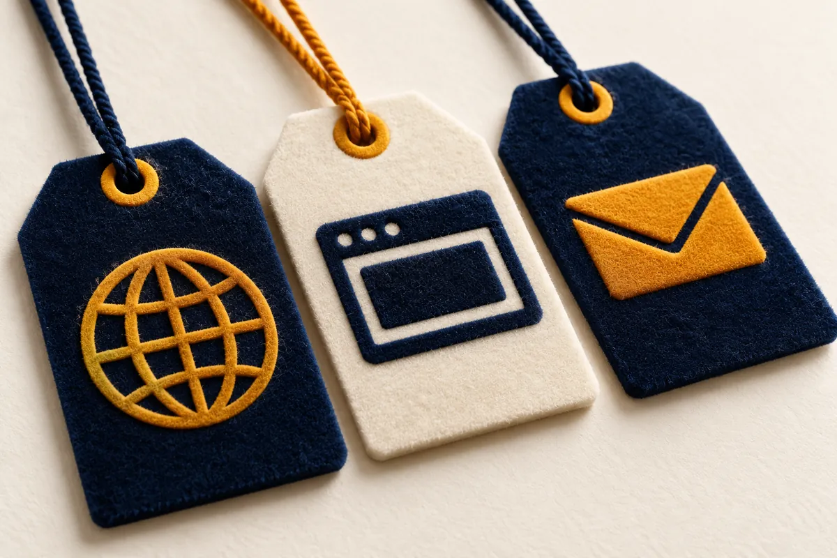 Three velvet-textured tags carry separate globe, website-window and envelope symbols, with individual hanging cords.