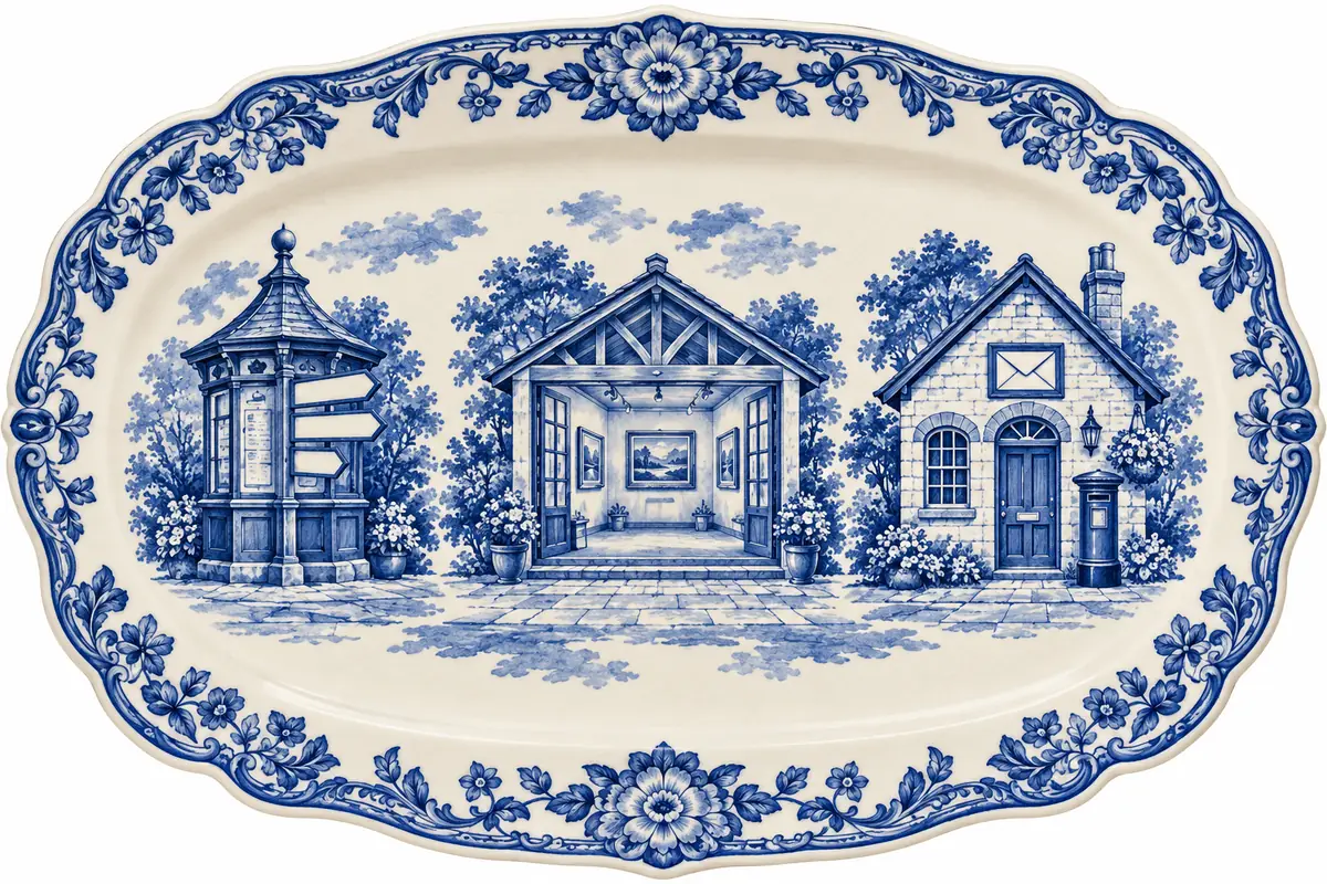 A blue-and-white ceramic platter depicts a sign kiosk, gallery and post office as separate buildings.