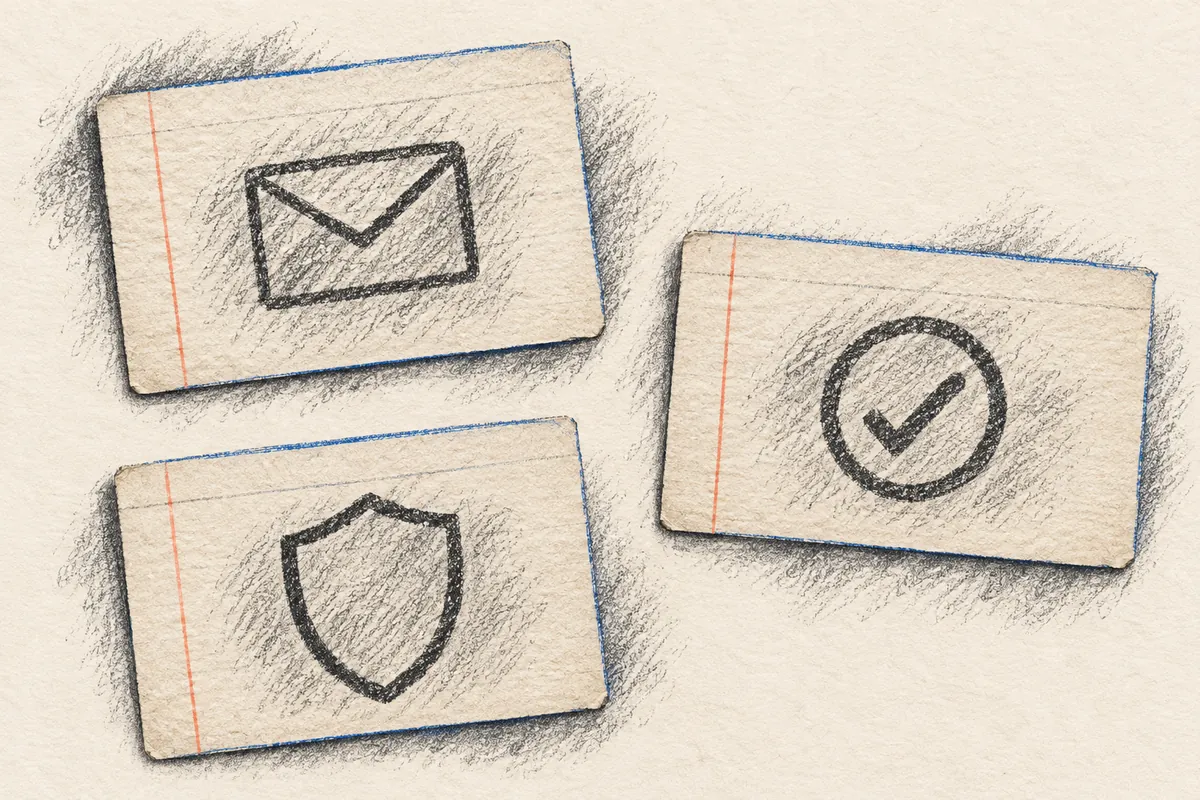 Separate cards with envelope, checked-circle and shield symbols appear in a graphite rubbing