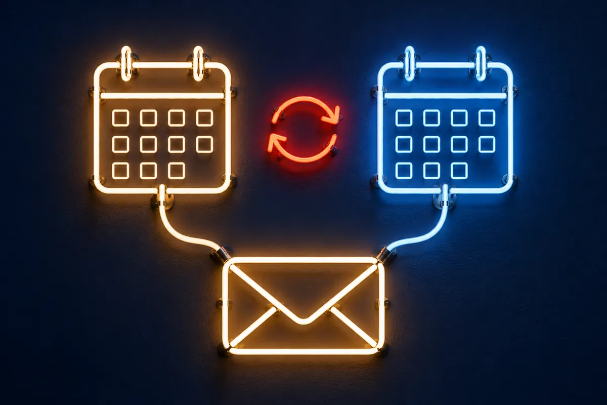Two glowing calendar outlines and a red renewal symbol sit above one illuminated envelope.