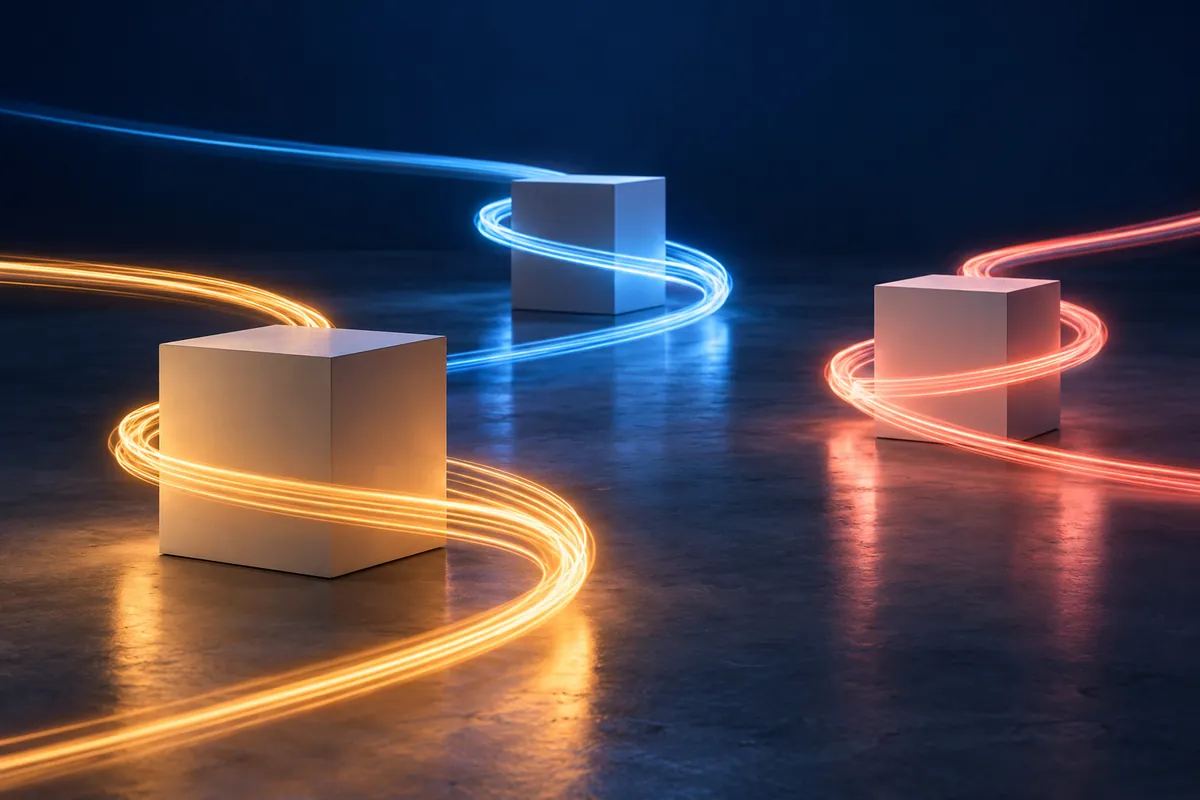 Separate amber, blue and coral light trails curve around three white plinths against a navy background.