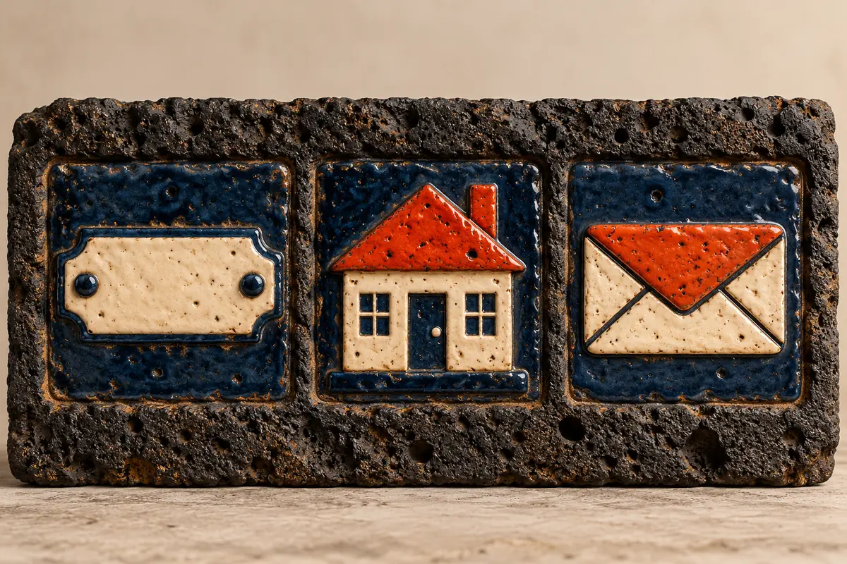 Three glazed compartments in dark lava stone hold a nameplate, house and envelope.
