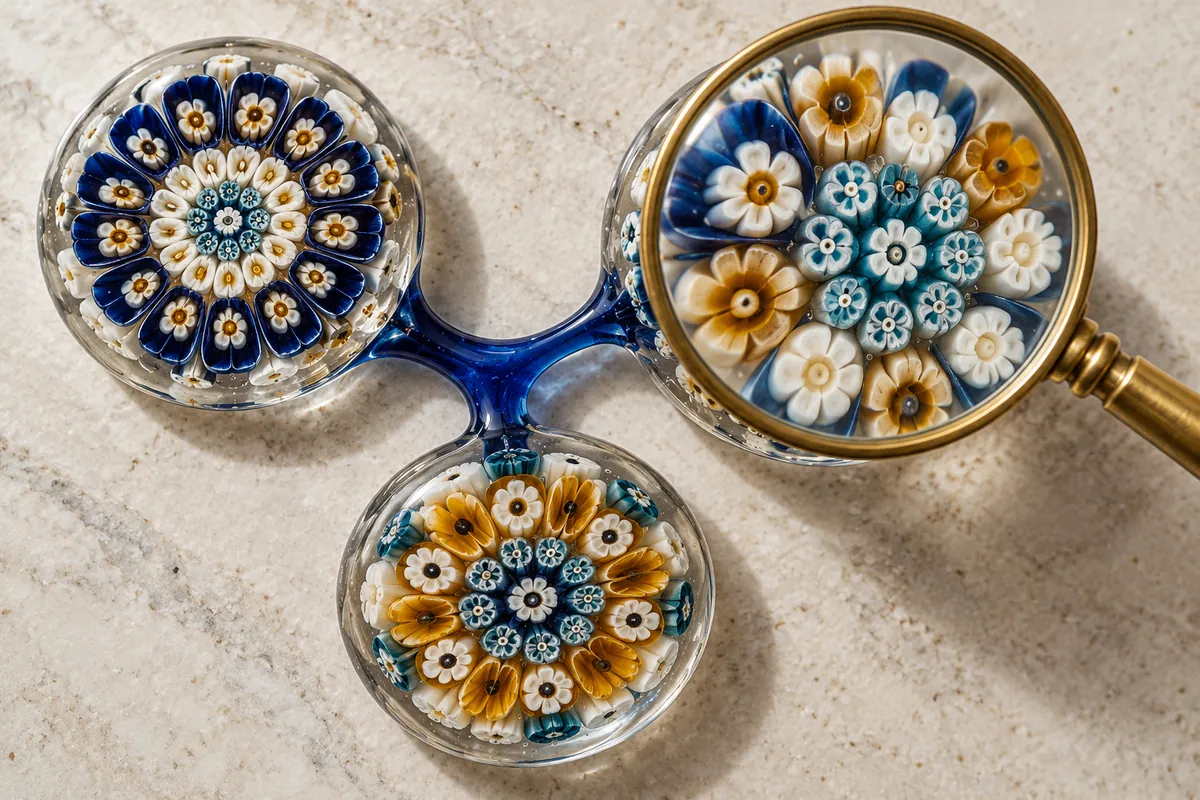 A brass magnifying glass enlarges one of three connected blue, cream and amber glass rosettes.