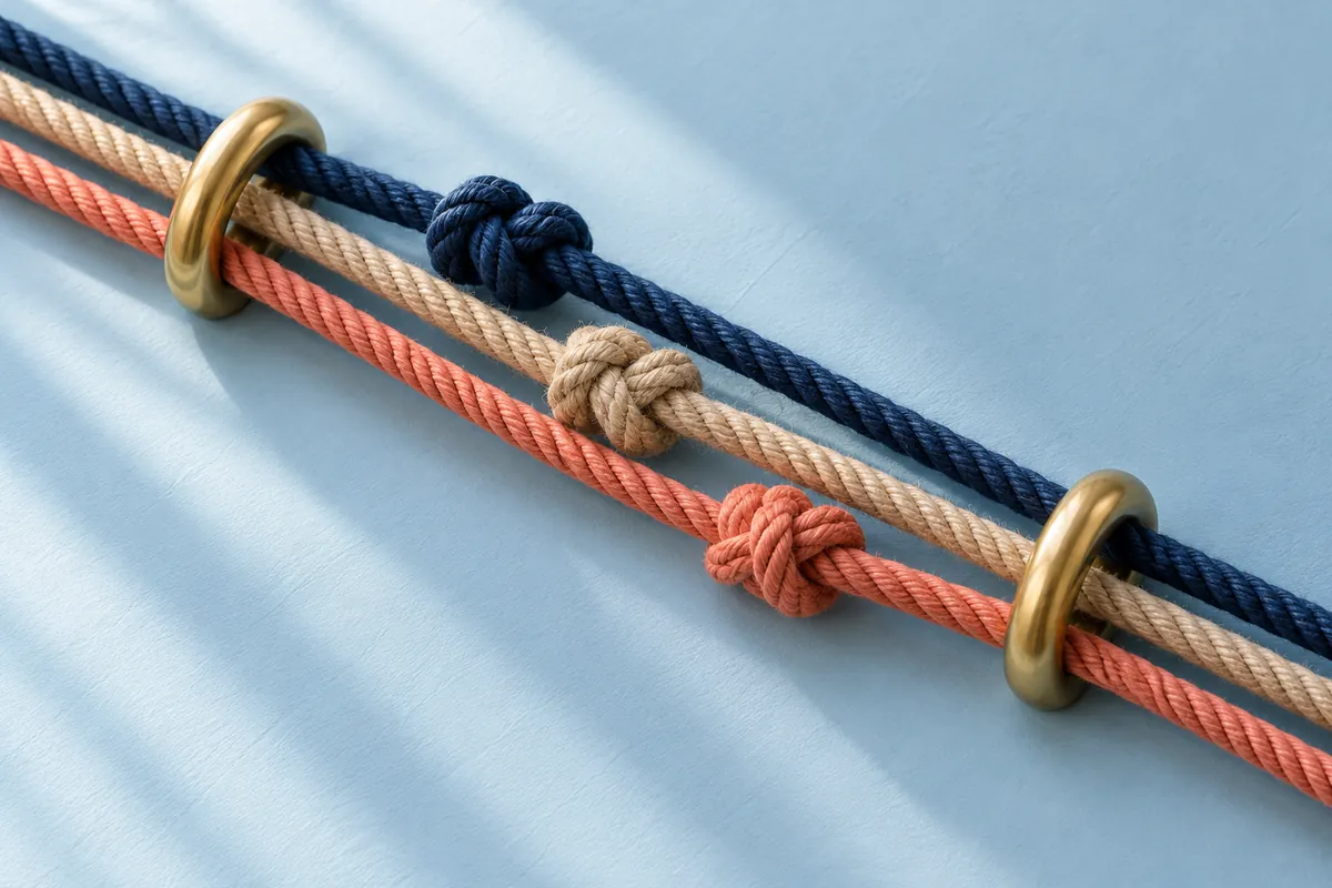 Three unbroken navy, flax and coral cords pass through brass rings, each with a separate decorative knot.