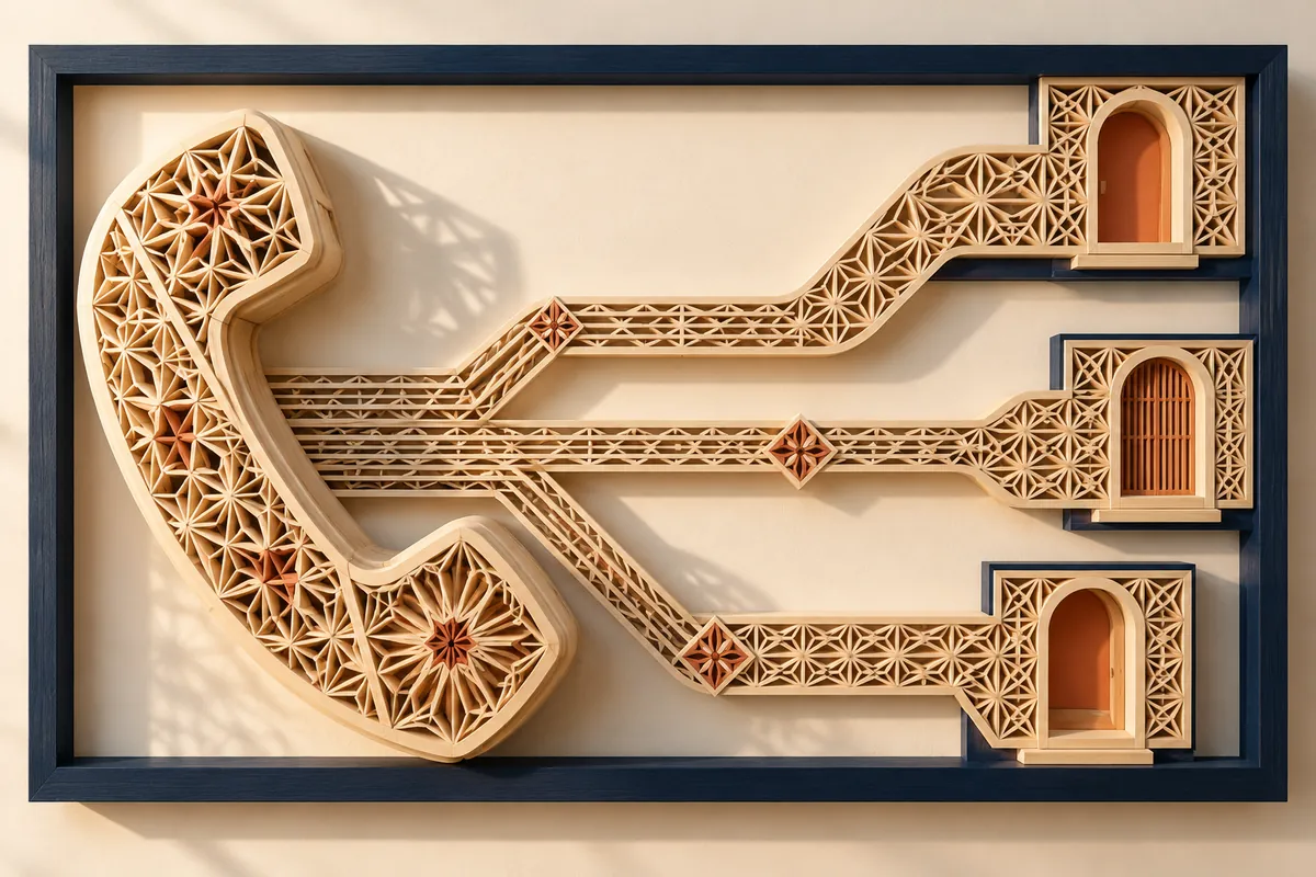 A wooden-lattice telephone handset connects through patterned paths to three small doorways.