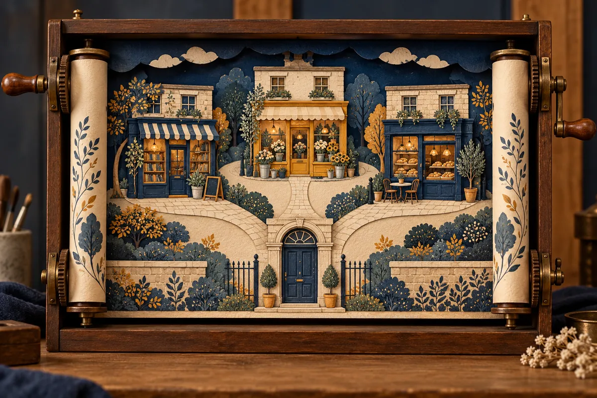 Three illustrated shopfronts share one entrance in a wooden scroll theatre with two paper rollers.
