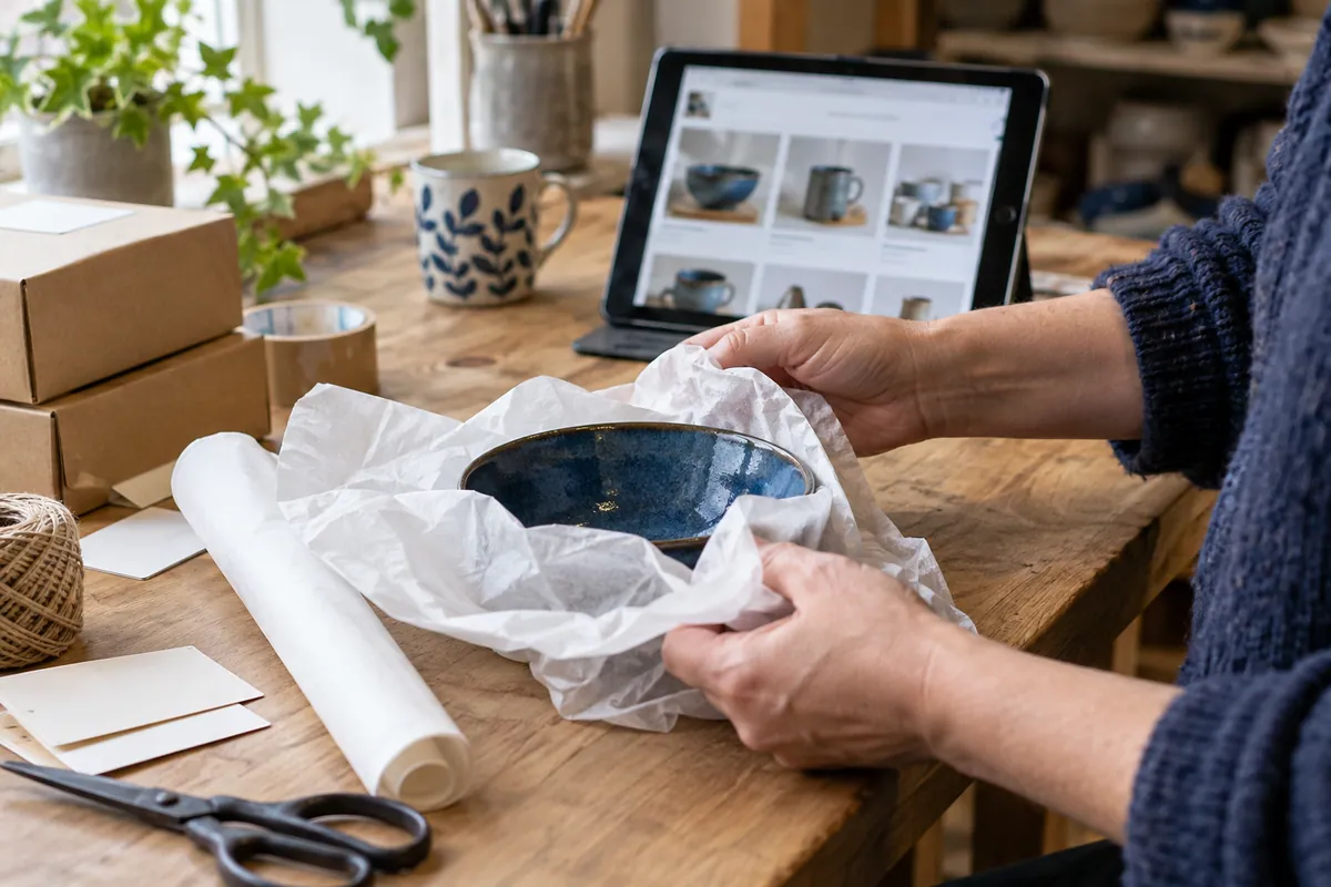 Hands wrapping a blue ceramic bowl beside a tablet and shipping materials