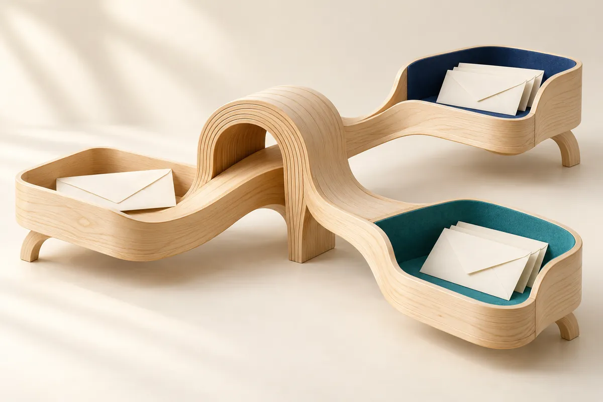 A pale bentwood mail sorter branches from one envelope tray into navy-lined and teal-lined trays.