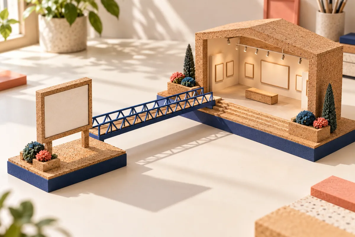 A blue model bridge connects a freestanding blank cork sign to an open-front cork art gallery.
