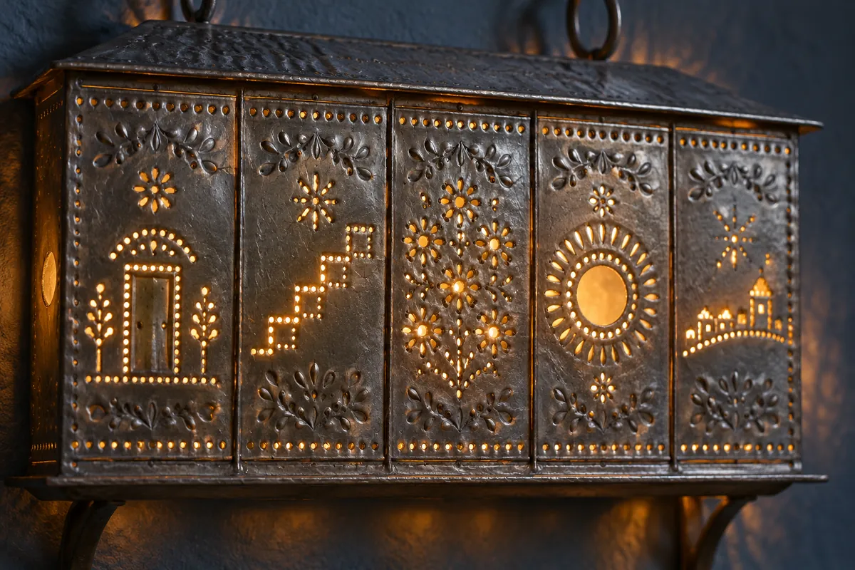 Five punched-tin panels display separate doorway, steps, dots, circle and building motifs lit from behind.