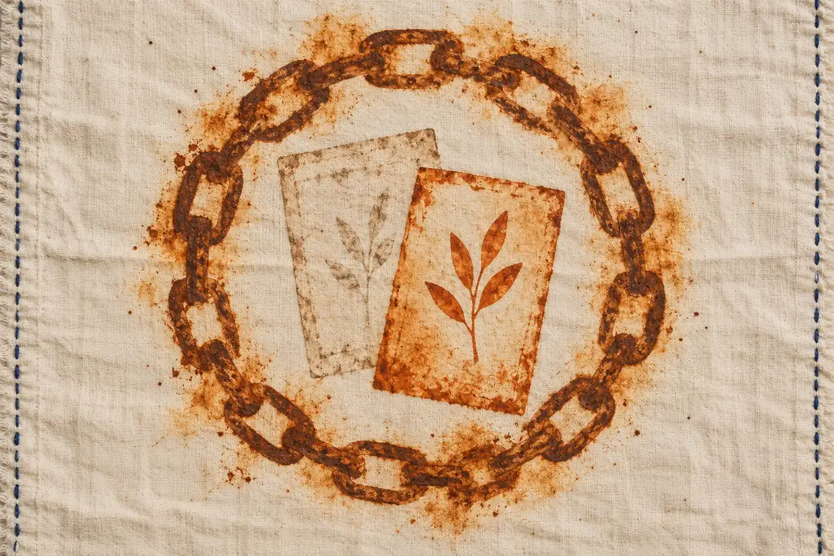 Rust-coloured chain impressions surround two leaf-patterned document shapes on ivory cotton edged with navy stitches.