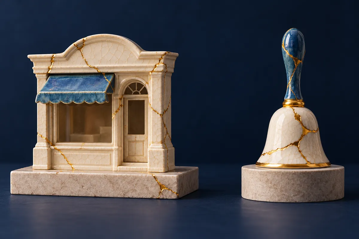 A cream ceramic shop front and a separate blue-handled handbell show gold repair seams against a navy background.