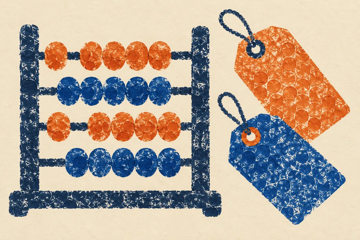 A navy and orange abacus beside two blank tags is printed with overlapping circular paint impressions on cream paper.
