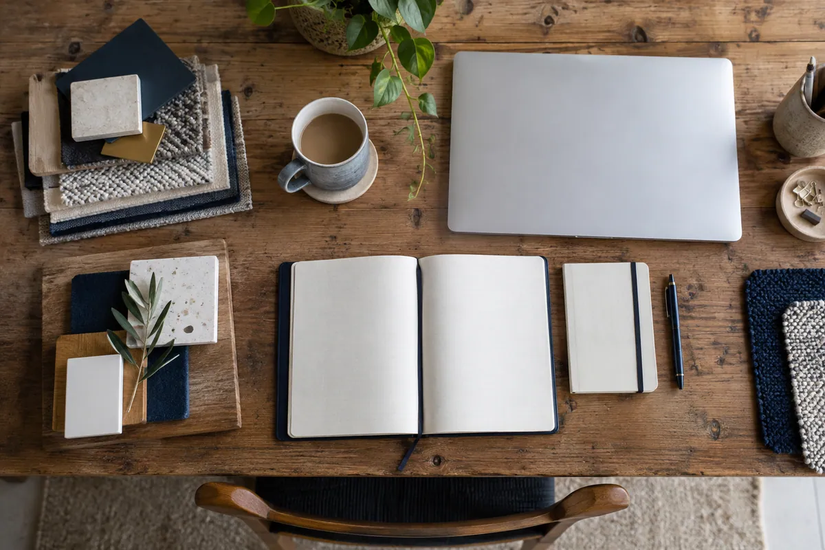 Two notebooks, project samples and a closed laptop arranged on a shared worktable