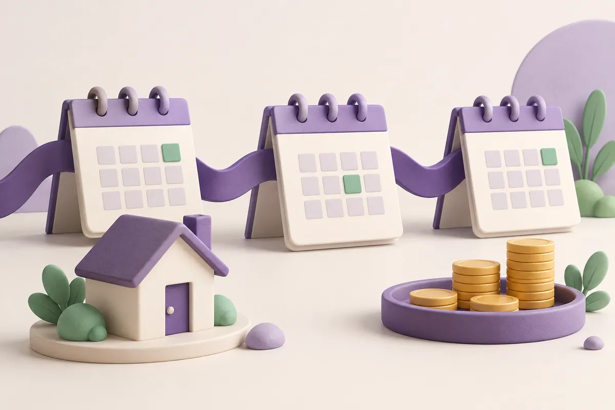 Three calendar panels linked by a ribbon beside a house and coins.