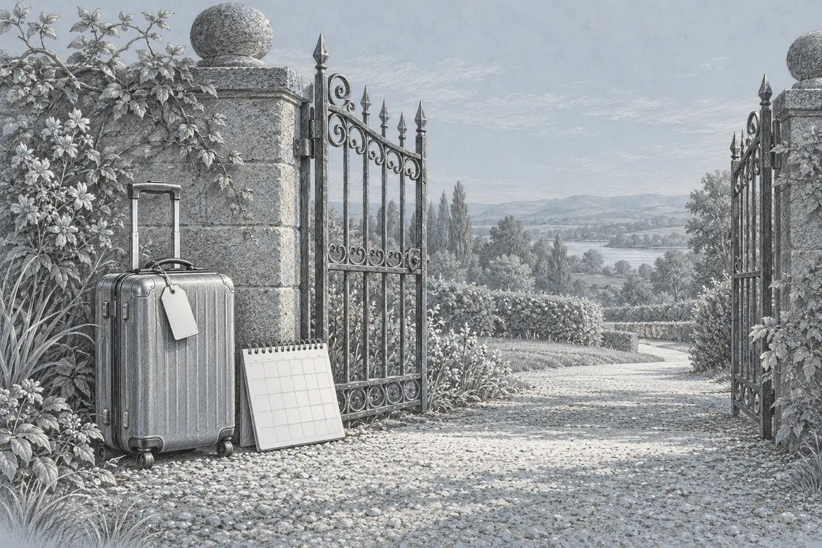 Silverpoint drawing of a suitcase and blank calendar beside an open garden gate.