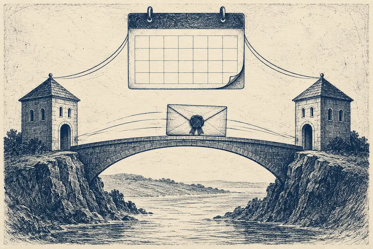 A fine-lined bridge carries a sealed document between two towers beneath one unchanged calendar.