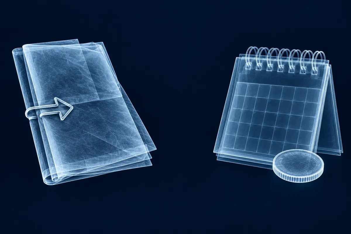 An X-ray-style arrangement separates a document and arrow from a calendar and coin.