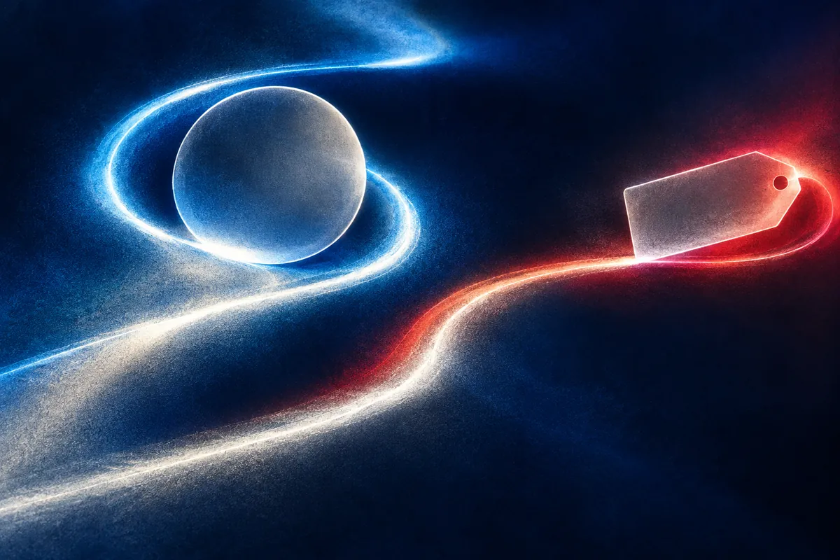 Blue and red light trails curve around separate circular and tag-shaped silhouettes.