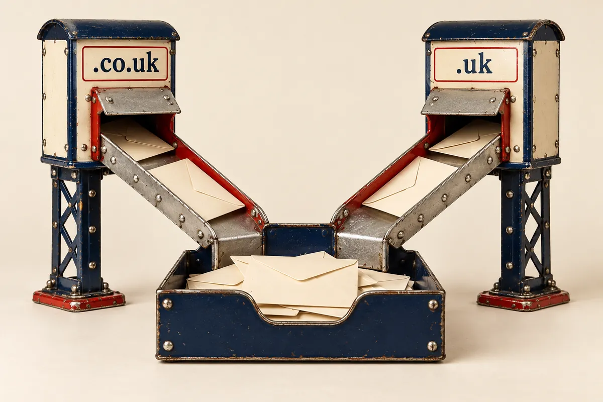 Tin postal chutes labelled .co.uk and .uk carry cream envelopes into one navy letter tray.