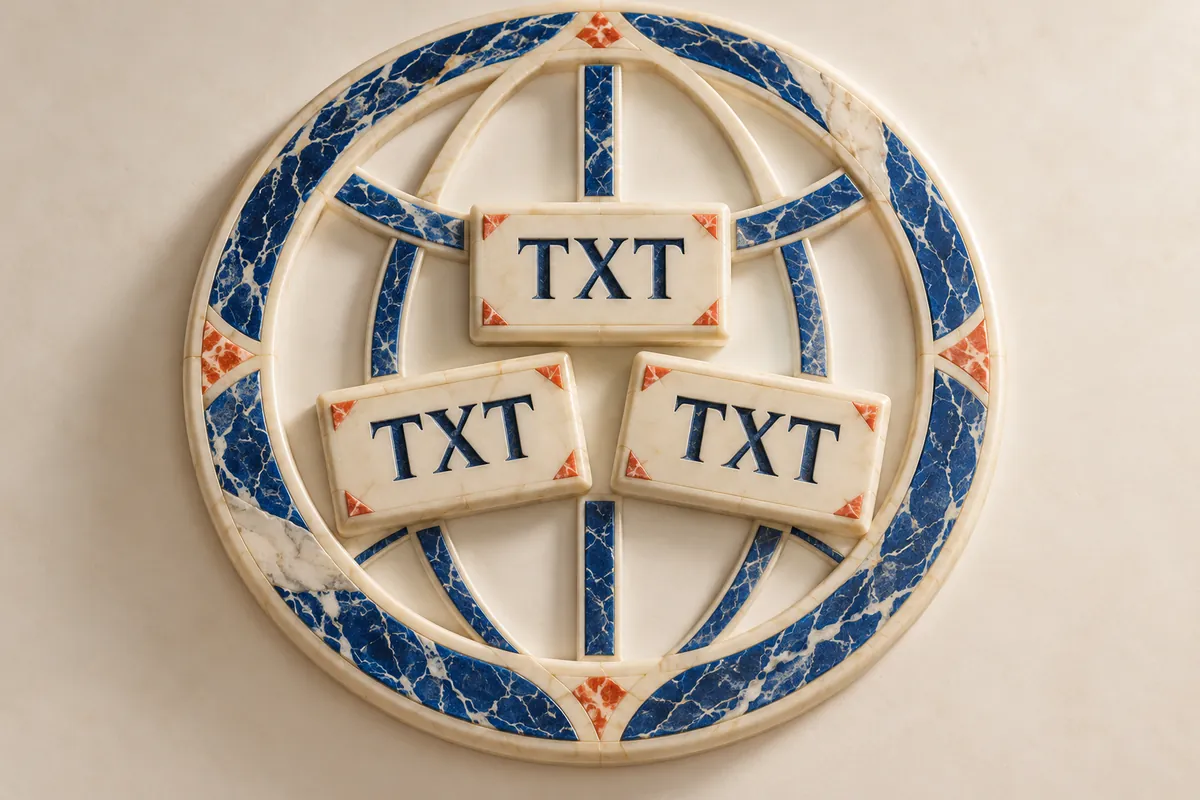 Three separate TXT tablets sit within a blue-veined circular plaster artwork