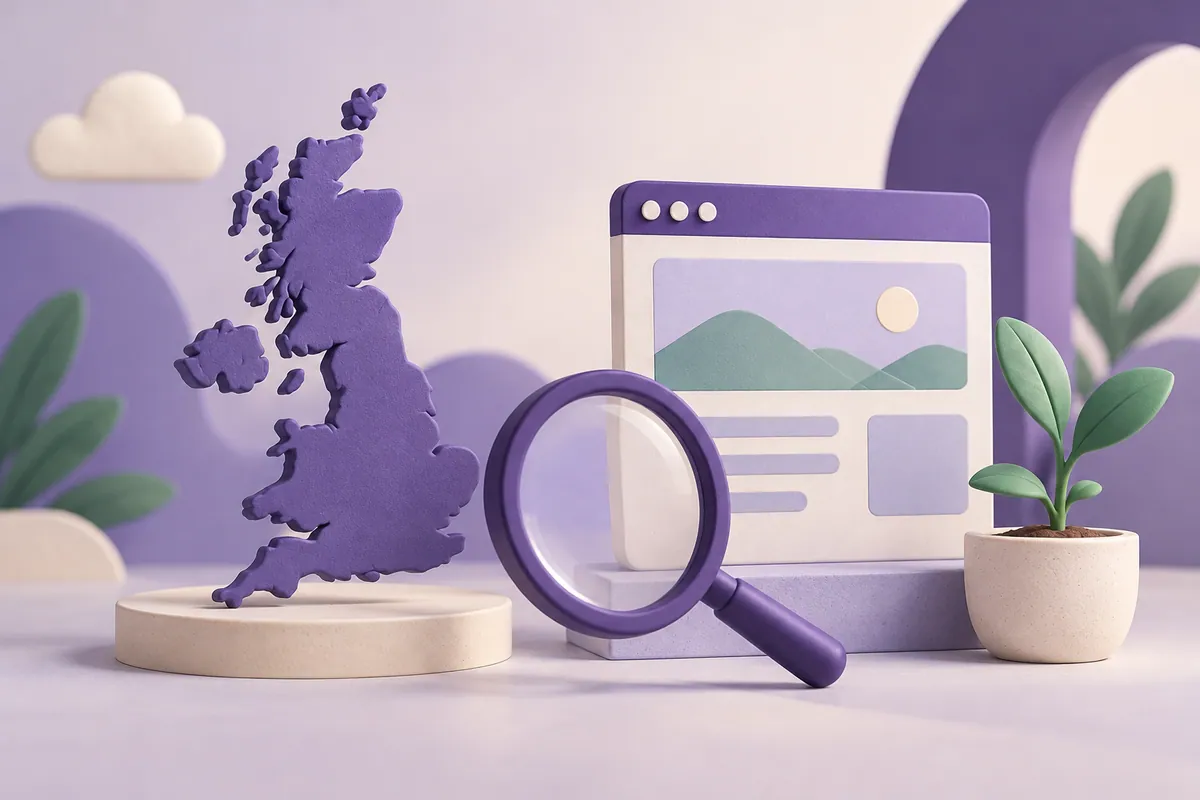 A UK map, magnifying glass, webpage and plant illustrate local search and website growth.