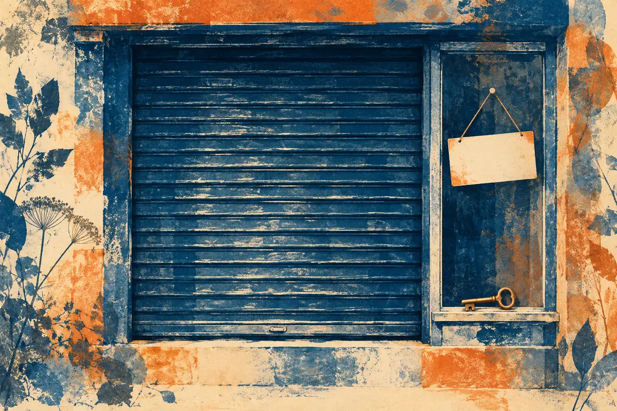 Blue and orange monoprint of a closed shop shutter, a blank hanging sign and a small key on a sill