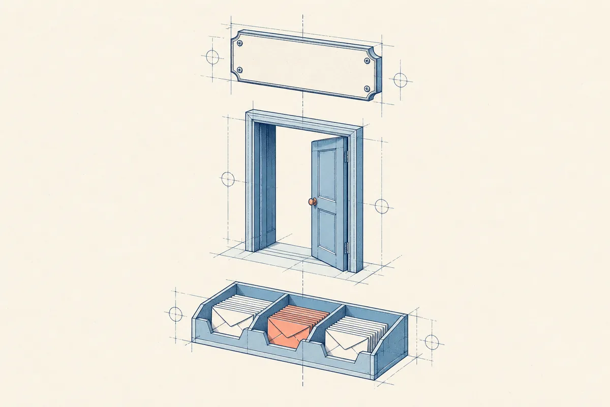 An address placard, doorway frame and envelope tray appear as separate components in a technical drawing