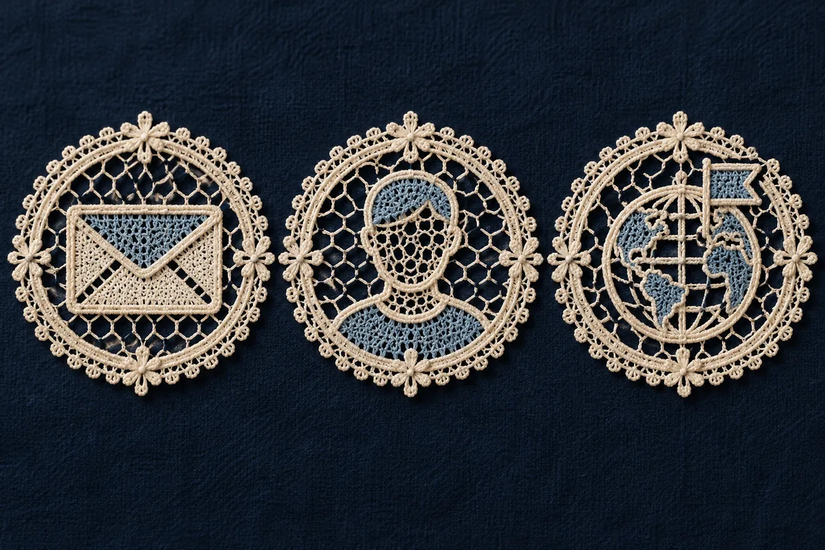 Three separate ivory lace motifs depict an envelope, a person and a globe on navy fabric